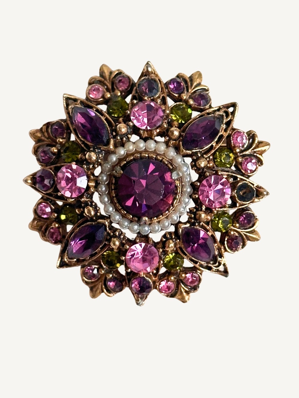 Vintage Florenza Brooch Amethyst Purple Pink Olivine Rhinestone Pearl